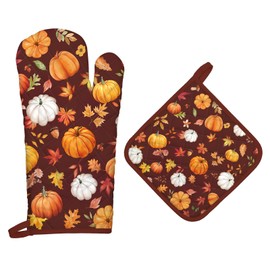 Arquiel Oven Glove and Pot Holder Autumn Pumpkin Maple Leaves Set of 2, 100% Cotton Cooking Gloves, Heat Resistant Kitchen Glove for Cooking, Autumn Decor Kitchen Decor Gifts for Women