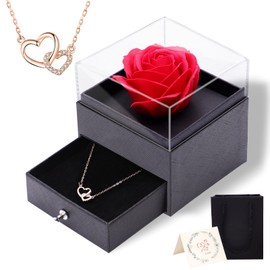 Rose Gold Double Heart Pendant Necklace with Forever Flowers Rose Jewellery Storage Box S925 Silver Necklace with Birthstone Pendant Romantic Anniversary Mother's Day Jewellery Gifts for Women