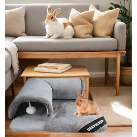 Zabplox Rabbit Tunnel Bed with Removable Plush Mat - Soft Hideout & Play Tube for Bunnies, Guinea Pigs, Chinchillas, Cats, Bunny-Cozy Small Pet Toy, Grey,Small