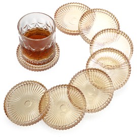 OGANAZI Modern Clear Coaster Set of 8- Glass Coasters for Drinks Crystal Coasters Round Cup Coasters Coffee Table Decor for Office, Kitchen, Bar, Dining Room, Living Room, Patio(Amber)