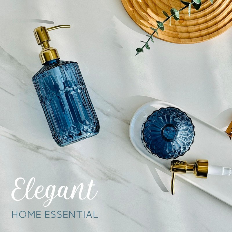 JASAI 18Oz Blue Glass Soap Dispenser with Golden Pump, Refillable
