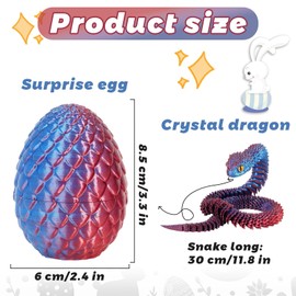 DGSHRHD 12 inch 3D Printed Snake Eggs with Snake Inside,3D Printed Animals,Easter Basket Stuffers,Executive Desk Toys,Articulated Crystal Toys for Kid Desk Decor,Easter Eggs,Gifts(Reddish Blue)