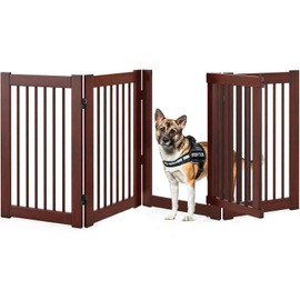 HAPPAWS Tall Dog Gate with Door, 4-Panel 30 inch High Wooden Puppy Playpen, Freestanding Pet Door Gates, Folding Indoor Pet Enclosure, Extra Wide Room Divider for House, Stairs, Doorway