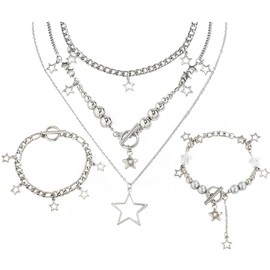 Salircon 2 Pieces Silver Star Necklace Y2K Jewelry Set Grunge Necklace Kawaii Cute Necklaces Aesthetic Vintage Emo Jewelry (Silver 1)