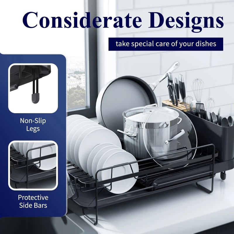 Kitsure Extendable Stainless Steel Dish Drying Rack with Drainboard Black