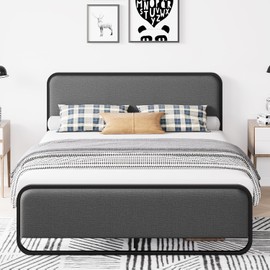 GarveeHome Queen Size Metal Bed Frame with Curved Upholstered Headboard and Footboard, 10.3'' Underbed Space, No Box Spring Needed, Easy Assembly, Grey