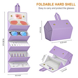 NPOOYI Travel Case for Sunlgasses and Jewelry, Foldable Jewelry Case Eye Glasses Organizer, Hanging Loop, Interior Mirror, 5 Compartments for Eyewears, Rings, Necklaces, Earrings, Purple