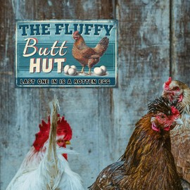 WADORN Chicken Coop Metal Tin Sign, The Fluffy Butt Hut Last One In Is A Rotten Egg Signs Retro Tin Sign Hanging Decor Chicken and Egg Poster Metal Wall Plaque Decor for Home Decor, 11.81x7.87 Inch