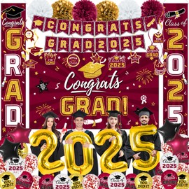 Graduation Decorations Class of 2025 - Maroon and Gold Graduation Party Supplies Include Backdrop, Banner, Hanging Swirls, Porch Sign, Balloons, Foil Number 2025 for Congrats Grad Decorations