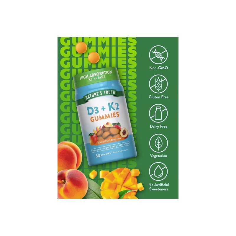 Vitamin D3 K2 Gummies | 50 Count | Vegetarian, Non-GMO