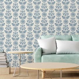 Wudnaye Vintage Floral Peel and Stick Wallpaper Blue Floral Contact Paper 17in×196.8in Vintage Flower Self Adhesive Wall Paper Flowers Removable Wallpaper for Bathroom Waterproof Wall Decorative