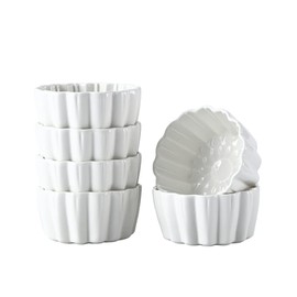Ceramic Ramekins 6 oz - Creme Brulee,Souffle Porcelain Ramekins oven-safe,Pudding Custard Cups for Baking,Dishwasher and microwave safe,cute-shaped,6 piece set,white