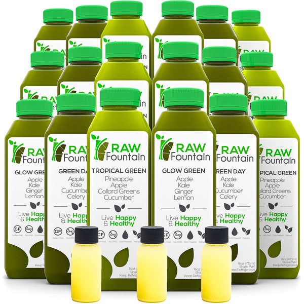 Raw Fountain 7 Day Green Juice Cleanse, All Natural Raw, Vegan Detox, Cold Pressed Juices, 42 Bottles 16oz, 7 Ginger Shots