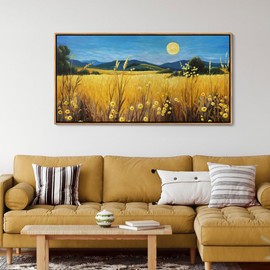 AJAZIKO Fall Wall Art Impression Framed Wall Art, Sunset Yellow Fall Canvas - Monet, Moon, Office & Living Room Decor - Blue Landscape Pictures Wall Decor -Artwork for Bedroom 24×48IN