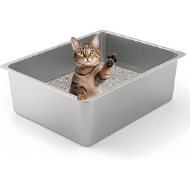 Kirecoo Stainless Steel Cat Litter Box - Metal High Sided Cat Pan, Large Stainless Steel Box, Indoor Litter Tray, Non Stick, No Smell, Easy to Clean, Pet Toilet Supplies for Kitten, Kitty, Rabbit