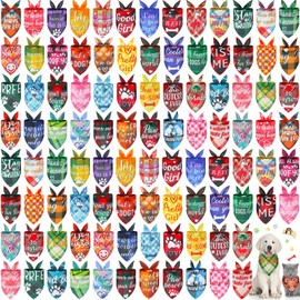 Sweetude 100 Pcs Plaid Dog Bandanas Bulk Cute Dog Scarf Bibs Puppy Pet Bandanas with Captions Adjustable Dog Cat Outfit Washable Triangle Scarf Kerchief for Small to Medium Girl Boy Dogs (Classic)