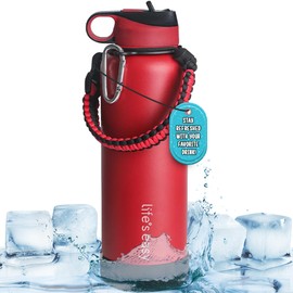 Life's Easy Stainless Steel Insulated Water Bottle - Sports Water Bottle w/Straw Lid and Paracord Carabiner Handle Carrier- Vacuum Flask for Hot & Cold Drinks - Great for Travel & More (Red, 40 oz)