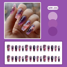 LOPMNGHT Purple Smudge Press on Nails Medium Ballet Shaped Full Cover Acrylic False Nail Purple Stars Sky Smudge Artificial Stick on Nail Press Ons Shines Fingernails 24Pcs Glue on Nails for Women