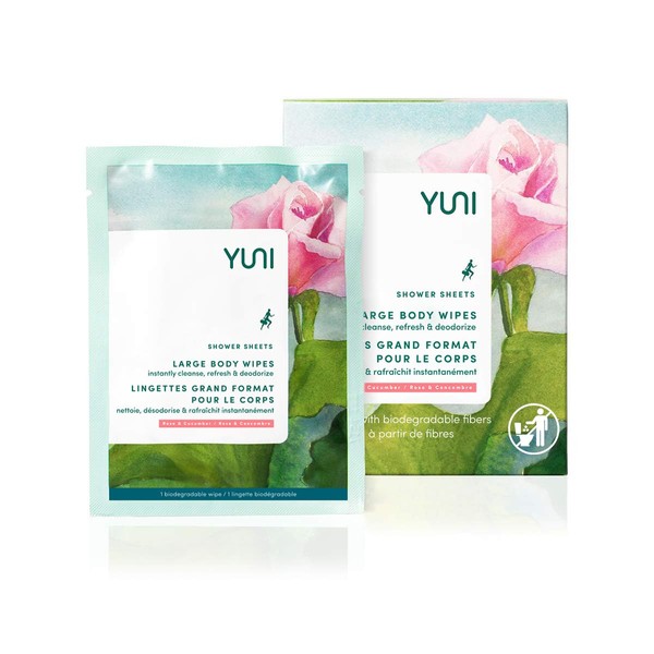 YUNI Beauty Large Body Wipes (Rose Cucumber, 12 Count) Super Soft Moist Showerless Wipes that Cleanse & Deodorize - On-the-Go Waterless Body Cleanser - Biodegradable Individually Wrapped Body Wipes for Camping, Travel, or Gym