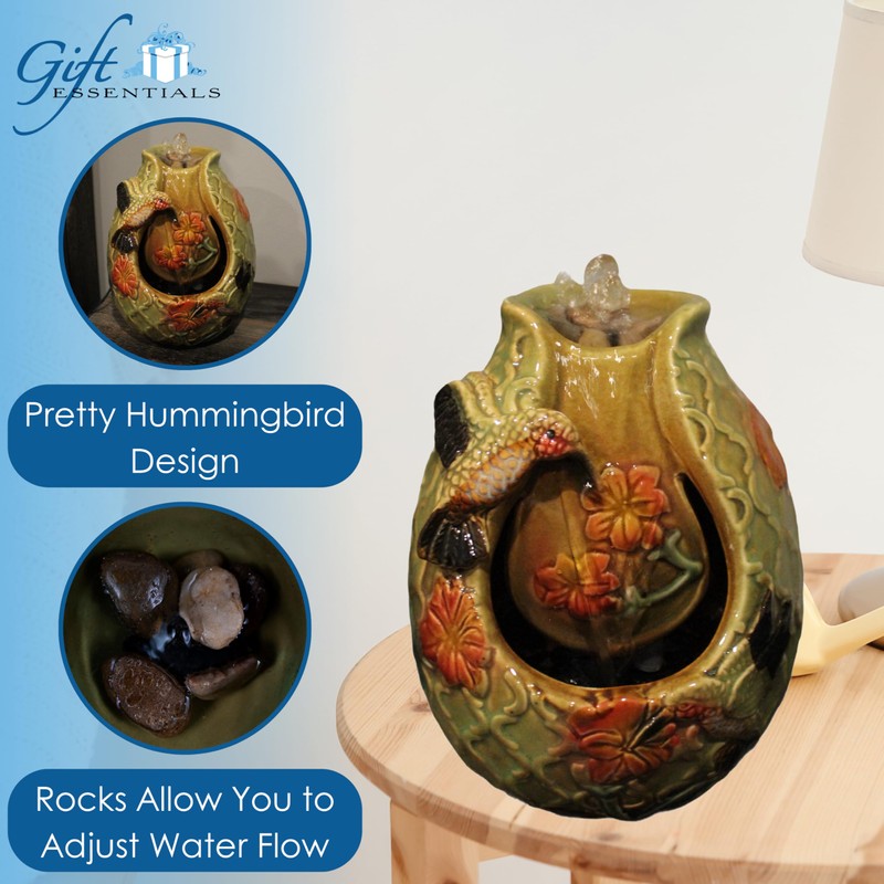 Gift Essentials Hummingbird Tabletop Ceramic Water Fountain - Relaxing, Bubbling