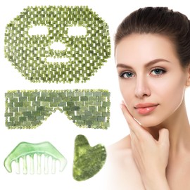 Demissle 4 Pcs Jade Eye Mask Jade Stone Facial Mask Scrap Massage Tool Hair Comb Facial Eye Cooling Stone Massage Tools for Puffy Eyes Dark Circles Gift
