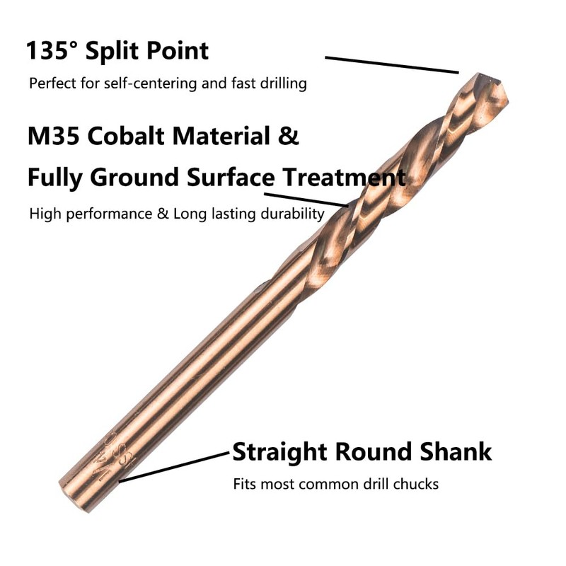 VALYRIANTOOL 5PCS 3/16" M35 Cobalt Left Hand Drill Bits Set