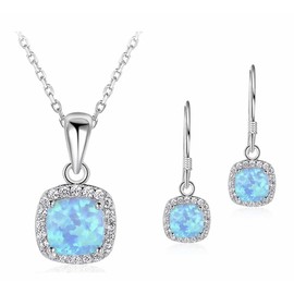 Ladies Matching Square Jewellery Set. Simulated Fire Opal and Clear Rhinestone Crystals. Necklace Pendant With Matching Drop Earrings For Women. Plus Jewellery Gift Box. (Blue)