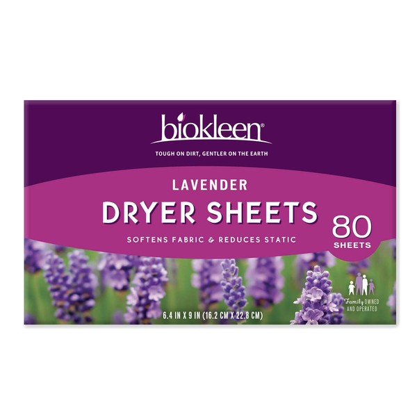 Biokleen Laundry Dryer Sheets, Fabric Softener, Eco-Friendly, Non-Toxic, Plant-Based, No Artificial Fragrance, Colors or Preservatives, Lavender, 80 Sheets