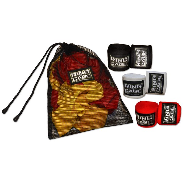 Ring to Cage Mexican180 Hand Wraps for MMA & Boxing - 3 Pairs Pack + Wash Bag