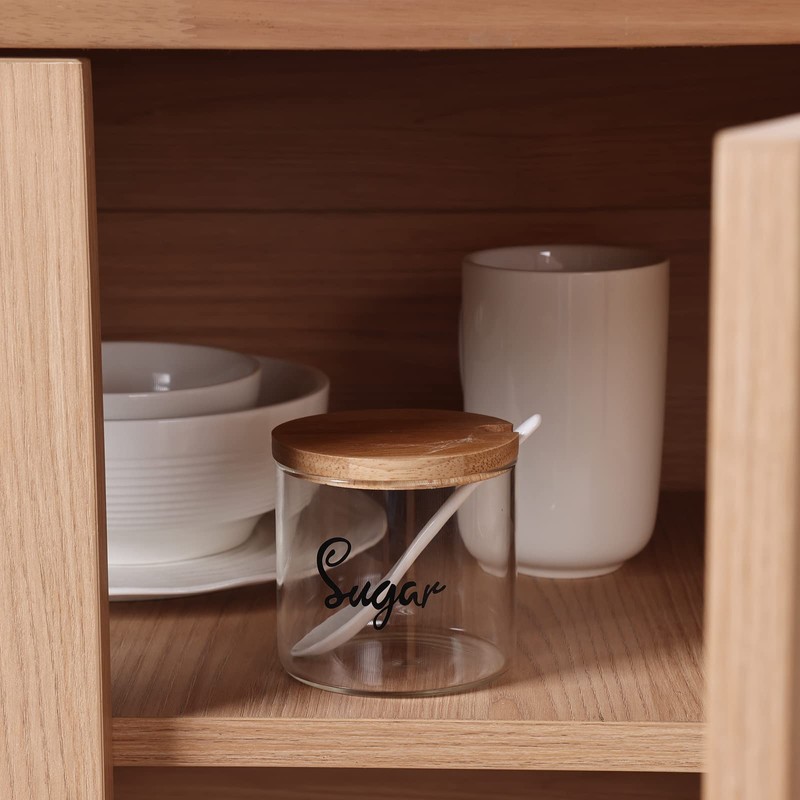 Clear Glass Sugar Bowl with Serving Spoon and Bamboo Lid,