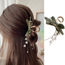 FRUZJAY Lily of the Valley Hair Clips Flower Hair Claw Clips for Women, Large Metal Hair Jaw Clamp with Tassel Green Bow Hair Styling Accessories Strong Hold Floral Hair Catch Barrette for Women Girls