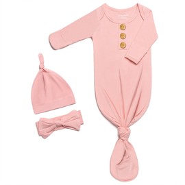 Soft Newborn Knotted Gown with Hairband and Hat, Baby Boy Girl Coming Home Outfit, Sleeper Baby Sleep Gown with Mittens (Sweetpink, 0～3 Months)