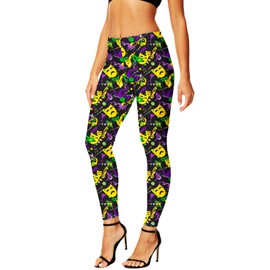 Womens Mardi Gras Leggings New Orleans Carnival Masquerade Mask Print Party Workout Pants L