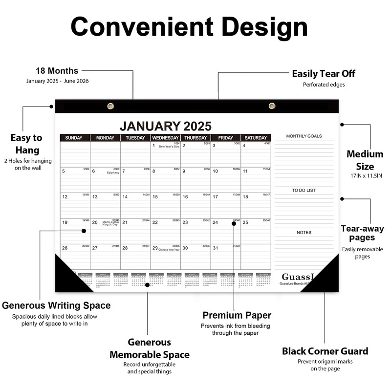 GuassLee Desk Calendar 2025, 3 Packs, 18 Months Calendar 17"