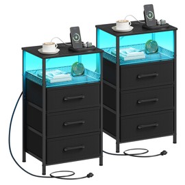 JARHETUN Night Stand Set 2 with Charging Station, 3 Drawer Nightstands with LED Lights, End Table with Outlets and USB Ports, Side Table with Open Shelf, Bedside Tables for Bedroom, Black