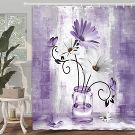 Uokiuki Rustic Farmhouse Floral Shower Curtain, Country Farm Purple Daisy Flowers Butterfly Abstract Shower Curtain Set, Violet Shower Curtains Farmhouse Bathroom Accessories with 12PCS Hooks,70X75IN