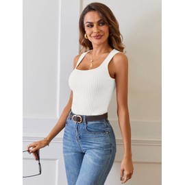 MEROKEETY Women's 2025 Ribbed Tank Tops Knit Square Neck Sleeveless Shirts Summer Casual Basic Tanks White L