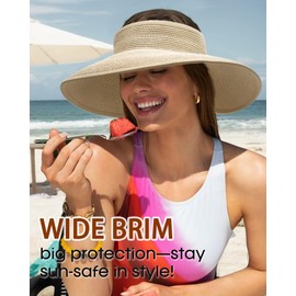 Women's Sun Visor Hats Wide Brim Straw Beach Hat Ponytail Foldable Packable Beach Vacation Essentials Beige