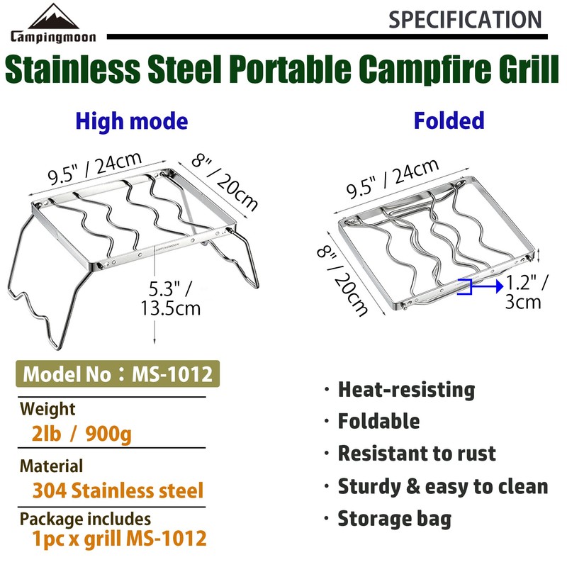 CAMPINGMOON Campfire Trivet Pot Stand Folding 304 Stainless Steel Two