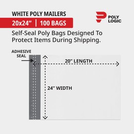Poly Logic Expansion White Poly Bag Mailer, 20"L x 24"W x 4"H, (100-Pack) Self-Sealing Durable Plastic Envelope for Secure Shipping, Packaging & Storage, Ideal for Personal & Small Business Shipping