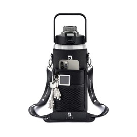 Botella de Agua de 2 L con Funda Policloropreno, con Popote y Asa, Fácil de transportar. Color Negro, Bebidas Duran Frías o Calientes más Tiempo sin F
