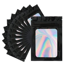 joycraft 100 Pcs Mylar Bags, Holographic Packaging Bags, Resealable Smell Proof Bags, Jewelry Pouch Bag for Small Business, Clear Foil Pouch Bag for Candy, Data Cable, Lipgloss(Black, 4x6 In)