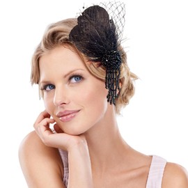 Ouliget Peacock Feather Hair Clip Flapper Headband,Veil Clip Tea Party Hat Bridal Wedding Cocktail for Women (Black)
