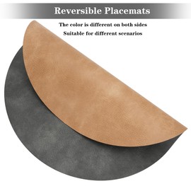 Pixieora Round Placemats and Coasters Set of 4, Washable Reversible Faux Leather Placemats Cowhide Pattern Place Mats Wipeable Non-Slip 15 inch Round Kitchen Dining Table Mats (Gray Tan, 4)