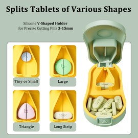Pill Cutter Splitter for Small and Tiny Pills - Professional Pill Cutter for Small or Large Pills | Wrap-Around Blade Guard | Detachable Nonslip V-Shaped Pad | Easy Open | Back Storage, Cyan (Green)