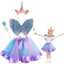 HomeChi Disfraz de Unicornio para Niñas, Conjunto Tutú Arco Iris Incluye Diadema, Varita Hada y Alas de Mariposa, Regalo Cumpleaños Disfraz Tutú para Niñas de 3 a 9 años
