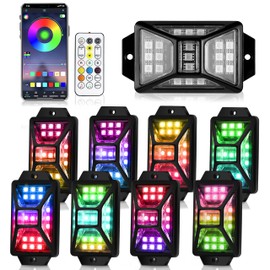 8 Pods Full Angle RGB Rock Lights Compatible with 12V-24V Trucks Jeep UTV SUV ATV Boat Golf Cart, Waterproof, Multi-Color,Brake Light, App/Remote Control Led Rock Lights with Music Mode