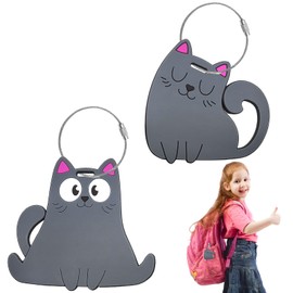 Luggage Tag Air Travel 2-Piece Cute Cat Grey Waterproof Suitcase Tags with Name Address Tel-Card PVC Luggage Tags for Travel School