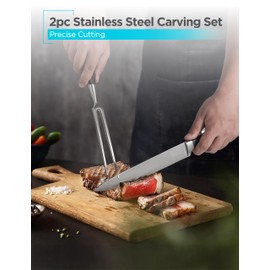 BLACK+DECKER 2-Piece Stainless Steel Carving Knife Set, 8” Carving Knife & 7” Fork, Kitchen Knife with 3CR13 Stainless Steel Blade, Meat Knife with Black ABS Handles, Magnetic Gift Box for Storage