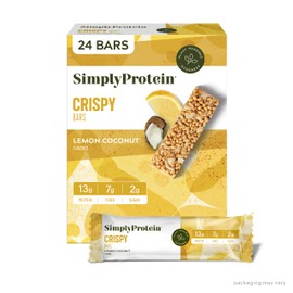 Simply Protein - Lemon Coconut Crispy Bars - Plant Based Protein Bars - Low Carb, Low Sugar, High Fiber - 13g Protein, 2g Sugar, 7g Fiber - Vegan, Gluten Free, Non GMO, Kosher - 24 Bars